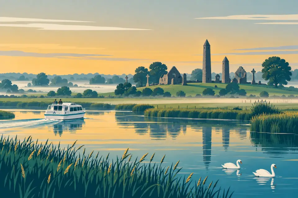 Illustration: a cruiser on the Shannon through misty meadows below round towers, ruined churches and high crosses, two swans in the foreground.