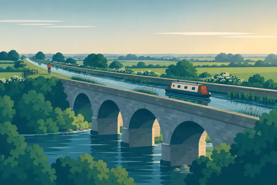 Illustration: a narrowboat on the Royal Canal crossing a stone aqueduct over a river, a cyclist on the towpath through flat green fields.
