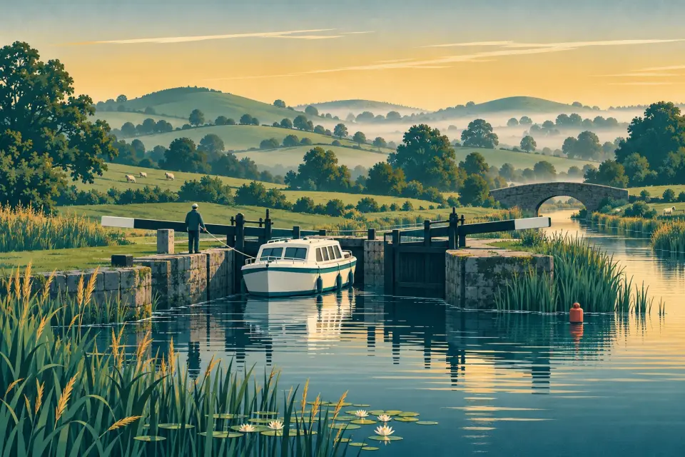 Illustration: a cruiser in a lock on the Shannon–Erne Waterway while a boater works the gates, a stone bridge and misty drumlin hills with sheep.