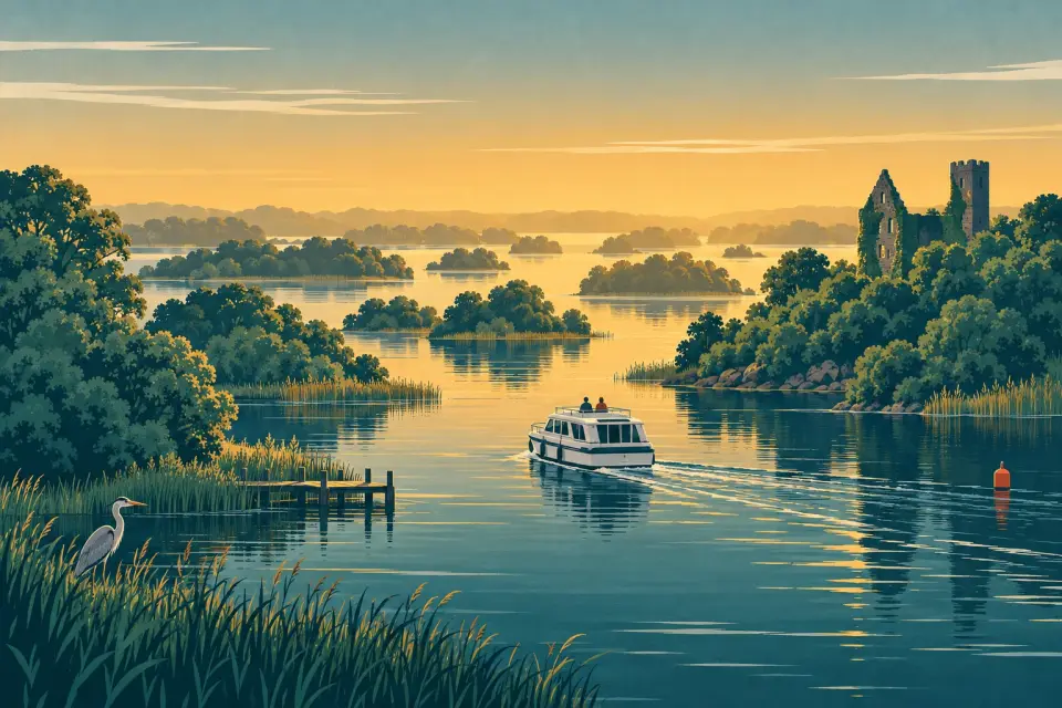 Illustration: a cruiser winding between small wooded islands of Upper Lough Erne, a ruined castle among the trees and a heron in the reeds.