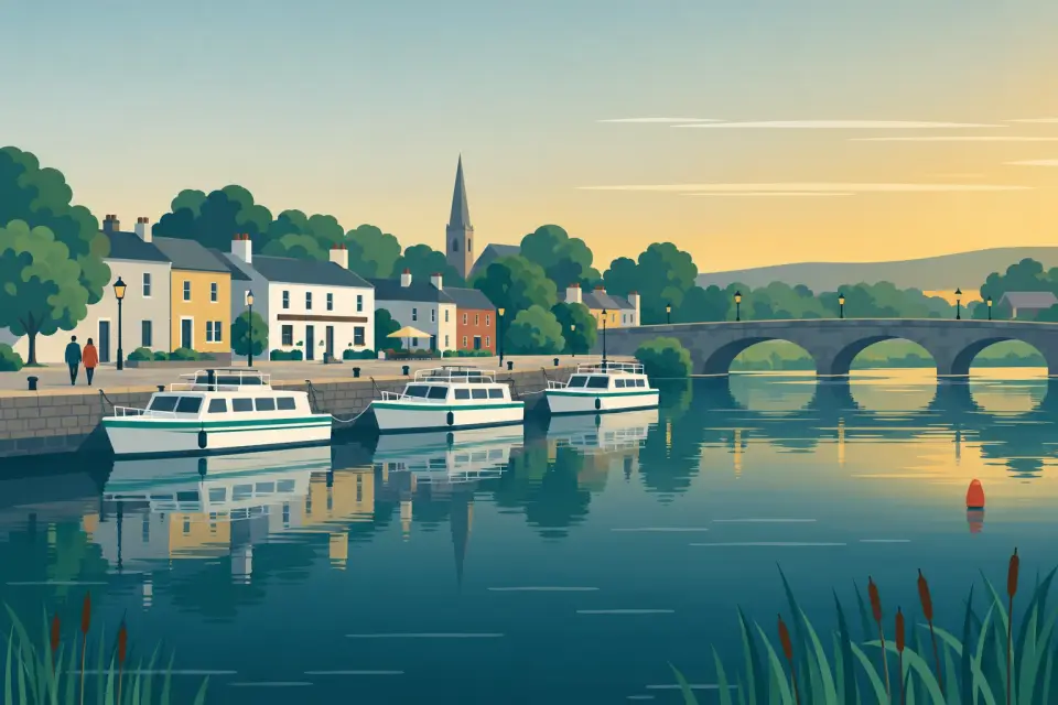 Illustration: hire cruisers moored along a town quay with colourful houses, a church spire and an arched stone bridge.