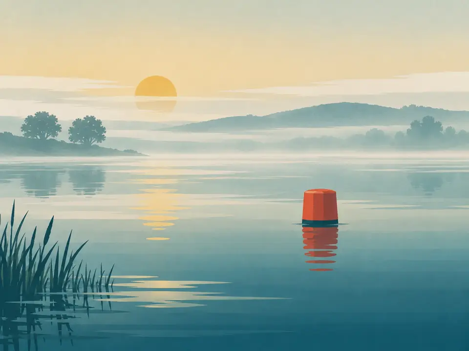 Illustration: a red buoy floating on a calm lake in morning fog.