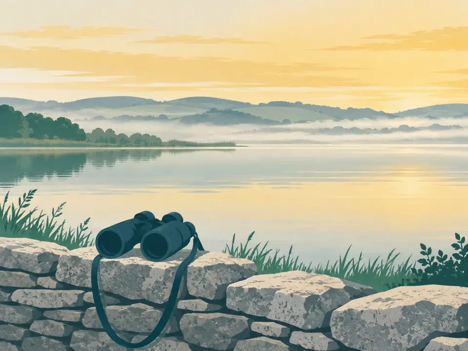 Illustration: a pair of binoculars on a limestone wall above a misty lake.