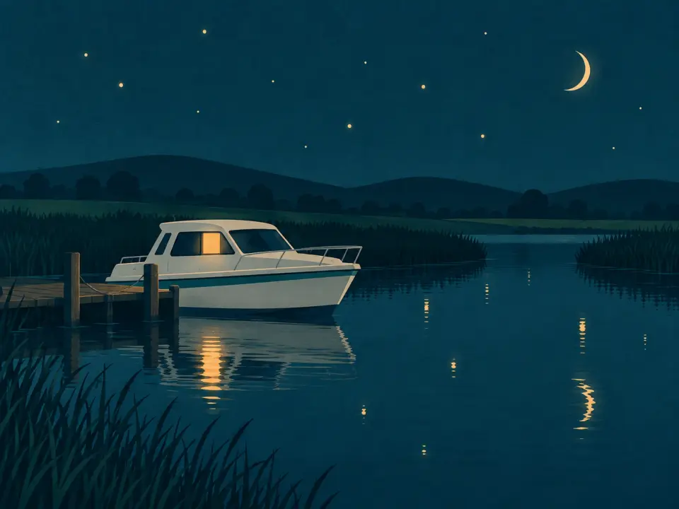 Illustration: a white cruiser moored at a small jetty at night, a light in the cabin window, stars and a crescent moon above.